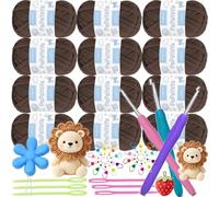 Pelote de laine à tricoter double - 12 x 50 g - Fil acrylique avec crochets en aluminium et marqueurs de point pour débutants et adultes - Laine pour crochet, tricot et travaux manuels (600 g, marron