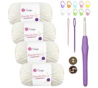 Pelote de laine chenille épaisse pour crochet - 4 x 50 g - 60 m - Pelote de laine douce et moelleuse - Idéale pour couvertures, amigurumi, crocheteurs débutants - Avec crochet de 5 mm - Blanc