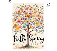 pelouse drapeaux Arbre à fleurs Bonjour printemps Flagge Patio 30x45cm | ésistantes à la décoloration Bannière résistant Drapeau De Jardin Jardin Maison