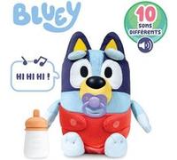 Peluche - BLUEY - Bébé Bluey - 28 cm - Des 3 ans Bleu clair (primaire), bleu foncé (secondaire), jaune (nez et intérieur des oreilles), rouge (couche/shorts), blanc (zones des yeux), violet (tétine),