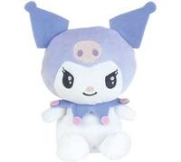 Peluche Kawai Kuromi - HELLO KITTY - 13 cm Lavande (chapeau), blanc (visage et corps), violet (collerette) avec appliqués rose pâle et pompons roses, yeux brodés noirs, détails brodés roses