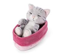 Peluche Sleeping Kitties Chat 12 cm, Gris, dans Un Panier Rose et Violet