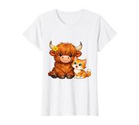 Peluche Vache Highland et Chat Orange Mignons Amis T-Shirt Graphique avec Valeur