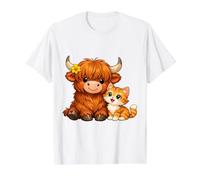 Peluche Vache Highland et Chat Orange Mignons Amis T-Shirt Graphique avec Valeur