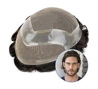 Peluquín Toupet for hommes Système de remplacement de cheveux ondulés Cheveux humains Hommes Cheveux Dentelle coréenne avec 0,08 mm de peau fine PU autour d'une prothèse capillaire masculine respirant