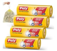 Pely Lot de 4 paquets de 10 sacs poubelle extra solides avec cordon de serrage, jaunes, pour l'élimination des déchets résiduels (60 litres), 60 l