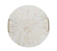 PEMAR Plateau décoratif rond en nacre de 33 cm avec poignées en métal doré, pour coiffeuse, parfum, bijoux, commode, salle de bain, table de coiffeuse (lumière du soleil blanche)