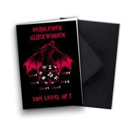 Pen & Paper Level Up W20 Carte d'anniversaire pliable avec dés et dragon Format A6 avec enveloppe noire brillante Carte cadeau pour joueurs et fans de RPG