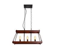 Pendant Lights, LED Chandelier Lamp Wooden Frame Wrought Iron Chandelier Adjustable Iron Chain Pendant Light - Industrial Light Fixture Suitable Compatible with Restaurant Villa Ceiling