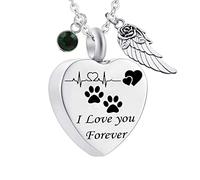 Pendant Urns for Human Ashes,Heart with ECG Dog Paw Print Birthstone and Angel Wing Engraving I Love You Forever Ash Necklace Stainless Steel Necklace Urns
