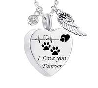 Pendant Urns for Human Ashes,Heart with ECG Dog Paw Print Birthstone and Angel Wing Engraving I Love You Forever Ash Necklace Stainless Steel Necklace Urns