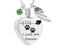 Pendant Urns for Human Ashes,Heart with ECG Dog Paw Print Birthstone and Angel Wing Engraving I Love You Forever Ash Necklace Stainless Steel Necklace Urns