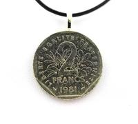 Pendentif - ABIJOUX - Pièce de Monnaie Authentique France 2 francs Semeuse - Cuir Noir - Mixte