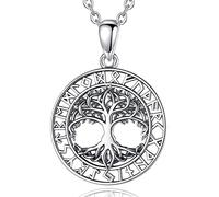 Pendentif arbre de vie Yggdrasil en argent 925 dans un cercle de runes avec chaîne en acier inoxydable et pochette à bijoux I Arbre de vie Viking, 23 x 30 x 1,5 mm, Argent