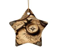 Pendentif boussole et vieille carte du monde en céramique de style vintage, une décoration unique pour sapin de Noël rustique