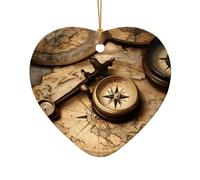 Pendentif boussole et vieille carte du monde en céramique de style vintage, une décoration unique pour sapin de Noël rustique