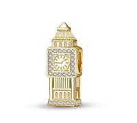 Pendentif breloque Big Ben London en forme de tour de montres - Argent sterling 925 plaqué or et pierres de zircone - Collection voyage et architecture - Angleterre Union Jack Vacances - Bracelet à