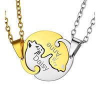 Pendentif Chat Amitié Ying Yang Puzzle Séparé Coeur Personnalisable Collier BFF Famille des Enfants pour 2 Chaine Fine Rolo Foract Acier Gravure Doré Cadeau Noël Fêtes des Mères Mariage Grâce