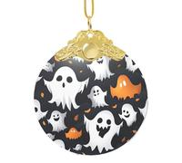 Pendentif circulaire en verre imprimé fantôme blanc mignon Halloween - Décoration à suspendre avec boucle en métal, décoration de maison et de bureau