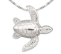 Pendentif Clever Schmuck - Avec motif de tortue en ronde-bosse - 25 mm - En argent sterling 925 - Avec palmes mobiles suspendues latéralement - Chaîne de 45 cm en argent sterling 925 dans un étui 25 mm