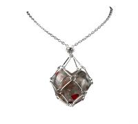 Pendentif coeur en Agate de cristal avec Cage en maille métallique, pendentif en forme de cœur sculpté en améthyste for la fabrication de bijoux de collier à faire soi-même(African Bloodstone)