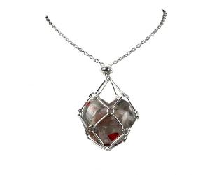 Pendentif coeur en Agate de cristal avec Cage en maille métallique, pendentif en forme de cœur sculpté en améthyste for la fabrication de bijoux de collier à faire soi-même(African Bloodstone)