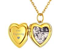 Pendentif Coeur plaqué or -Pendentif Porte Photo Collier Prénom Personnalisable en Argent 925-Bijoux Coeur en Or avec Chaîne Fine Maille Forçat Ras de Cou Réglable 16+2”(40+5cm) Cadeau Anniversaire