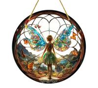 Pendentif De Fenêtre Rond en Acrylique en Forme De Fée - Attrape-Soleil Coloré en Forme De Fée De Fleurs Peintes avec Chaîne en Métal, Décoration Murale en Acrylique en Vitrail À Suspendre