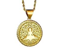 Pendentif de méditation Arbre de Vie en argent sterling 925 | LK_NLC_00321 | Collier plaqué or avec médaillon rond de yoga de 22 mm et gravure spirituelle chaîne maille forçat de 45 cm.