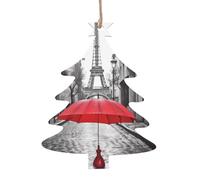 Pendentif de Noël en bois avec parapluie rouge Tour Eiffel Paris Street - Design élégant et mignon - Une feuille d'aluminium pour l'atmosphère festive