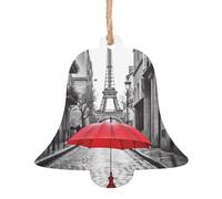 Pendentif de Noël en bois avec parapluie rouge Tour Eiffel Paris Street - Design élégant et mignon - Une feuille d'aluminium pour l'atmosphère festive