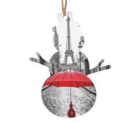 Pendentif de Noël en bois avec parapluie rouge Tour Eiffel Paris Street - Design élégant et mignon - Une feuille d'aluminium pour l'atmosphère festive