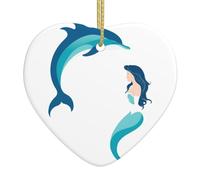 Pendentif de Noël en céramique en forme de cœur à suspendre HJFCZH Dauphins et sirènes Décoration de Noël pour sapin de Noël, supermarché, maison