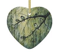 Pendentif de Noël en céramique en forme de cœur à suspendre WHJDPP Oiseaux Chirping on The Willow Tree Décoration de Noël pour sapin de Noël, supermarché, maison