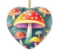 Pendentif de Noël en céramique en forme de cœur - Motif de champignons colorés - Lisse et lumineux - Pour sapin de Noël, décoration de maison et de supermarché