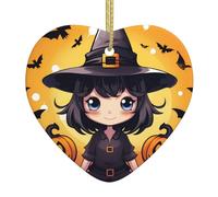 Pendentif de Noël en céramique en forme de cœur WHJSSF avec impression de sorcière lisse et lumineuse pour sapin de Noël, décoration de maison et de supermarché