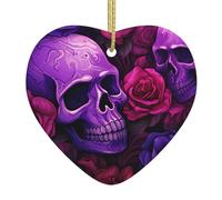 Pendentif de Noël en céramique en forme de cœur WHJSSF avec têtes de mort et roses violettes imprimées lisses et lumineuses pour sapin de Noël, décoration de maison et de supermarché