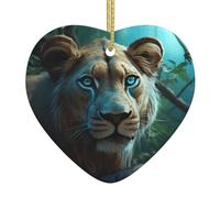 Pendentif de Noël en céramique en forme de cœur WHJSSF Lionne avec yeux bleus verts Impression lisse et lumineuse pour sapin de Noël Décoration de maison et supermarché