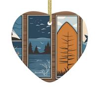 Pendentif de Noël en céramique en forme de cœur WHJSSF Lodge Ours Cerf Poisson Impression lisse et lumineuse pour sapin de Noël Décoration de maison et supermarché