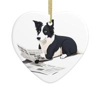 Pendentif de Noël en céramique en forme de cœur YYHHAOFA Border Collie lisant un journal imprimé lisse et lumineux pour sapin de Noël, décoration de maison et de supermarché