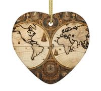 Pendentif de Noël en céramique en forme de cœur YYHWHJDE vintage carte du monde image lisse et lumineuse pour sapin de Noël, décoration de maison et supermarché