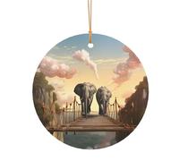 Pendentif de Noël rond en aluminium pour sapin de Noël, éléphant sur un pont, étiquettes de vacances, ornements en 2 tailles : 7,9 cm/9,9 cm