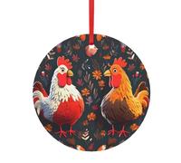 Pendentif de Noël rond en aluminium pour sapin de Noël - Pendentifs imprimés coq et poules - 2 tailles : 7,9 cm/9,9 cm
