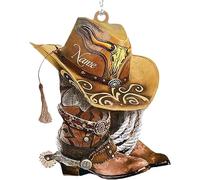 Pendentif de rétroviseur de voiture marron, bottes de cowboy personnalisées et chapeaux de cowboy plats en acrylique à suspendre ornement intérieur de voiture charme décoration intérieure de voiture