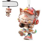 Pendentif de voiture de chat en acrylique, ornement de chat en acrylique - Chat portant des accessoires de rétroviseur pour casque - Pendentif animal en acrylique 2D pour voiture, sac, sac à dos, déco