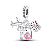 Pendentif de voyage, d'avion et d'appareil photo trois pièces, accessoire de bracelet à breloques en argent sterling 925, compatible avec le collier de bracelet pandora, cadeau pour femme