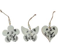 Pendentif Déco Coeur Fleur Papillon Bois 9cm Set de 3
