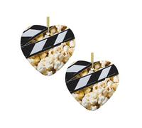 Pendentif décoratif de Noël imprimé cinéma et pop-corn - Cheminée en céramique en forme de cœur - 1 pièce à suspendre en forme de sapin de Noël
