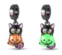 Pendentif en argent sterling 925 avec motif chat et citrouille noir à changement de couleur compatible avec les bracelets à breloques Pandora