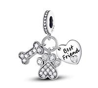 Pendentif en argent sterling 925 en forme de cœur avec patte de chien fidèle - Compatible avec les bracelets à breloques Pandora